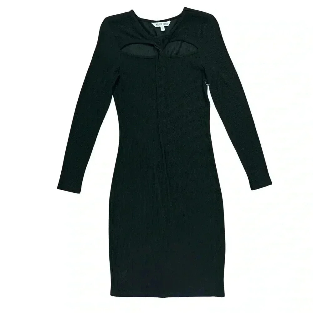 Walter Baker Dress Size Large Black Twist Front Ribbed Knit Bodycon Midi NWOT